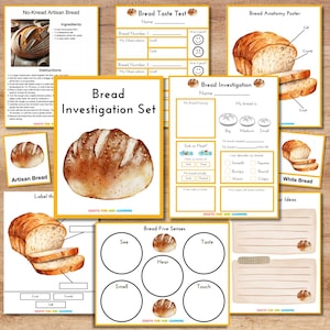 Puede incluir: Un conjunto de imprimibles educativos sobre el pan. Incluye un "Bread Investigation Set" con hojas de trabajo, un "Bread Anatomy Poster" y un formulario "Bread Taste Test". El conjunto presenta ilustraciones de pan artesanal y blanco.