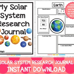 May include: A printable solar system research journal set for kids. The cover features a colorful illustration of the planets in our solar system. The journal includes a page for each planet with space to write about its characteristics, including its size, distance from the sun, and interesting facts. The journal also includes a page for the moon and the sun.