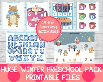May include: A set of 19 printable winter-themed preschool learning activities. The activities include a bear lacing card, hot cocoa number match, winter spelling puzzles, hot cocoa cups alphabet match, winter alphabet find and match, and a winter find it mat. The text "19 fun learning activities!" is in a pink circle.