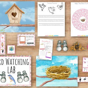 May include: A set of printable educational resources for kids featuring a bird watching theme. The set includes a bird watcher log, a birdhouse, a bird nest, a bird maze, a bird tracing activity, and a bird counting activity. The resources are designed for crafts, fun, and learning.