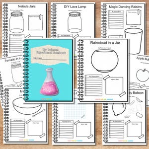 May include: A printable science experiment notebook with a cover featuring a beaker filled with pink liquid. The notebook includes pages for recording observations and what was seen during the experiment. The notebook is designed for children to use for science experiments at home or in the classroom.