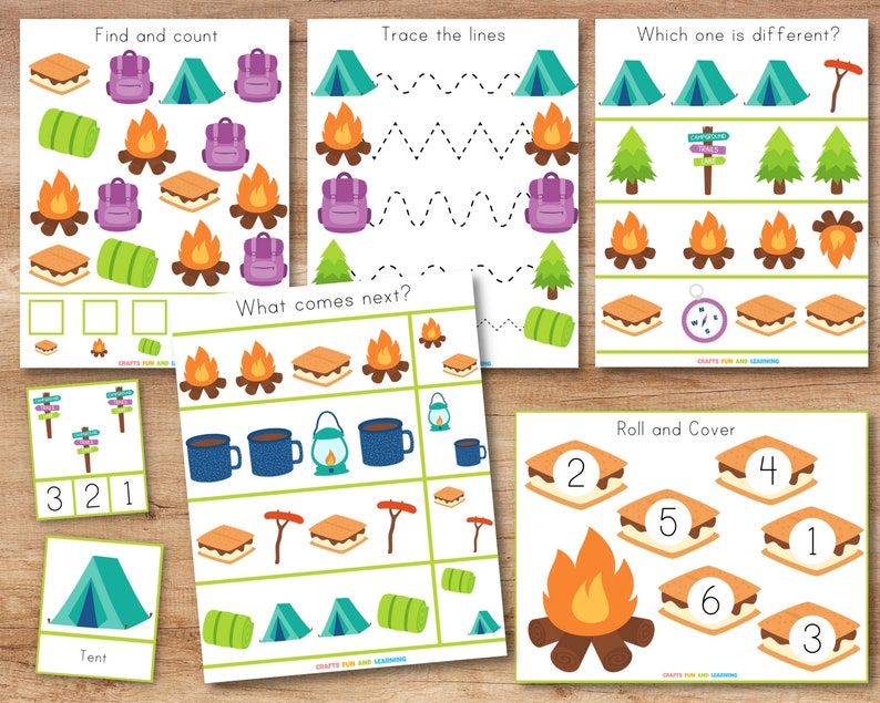 May include: A printable camping themed worksheet for kids. The worksheet has several activities including find and count, trace the lines, which one is different, what comes next, and roll and cover. The worksheet features images of tents, sleeping bags, campfires, s'mores, backpacks, and trees. The text on the worksheet includes 'Find and count', 'Trace the lines', 'Which one is different?', 'What comes next?', 'Roll and Cover', 'Tent', '321', '2', '4', '5', '1', '6', '3'. 