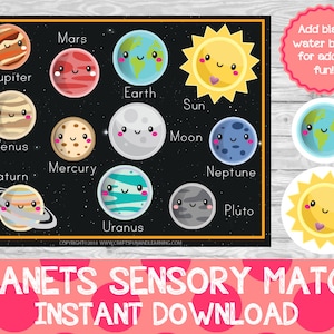 May include: A printable educational chart with a black background and colorful illustrations of the planets in our solar system. The planets are labeled with their names: Mars, Jupiter, Venus, Saturn, Earth, Sun, Moon, Mercury, Neptune, Pluto, and Uranus. The chart also includes a note that says "Add black water beads for added fun!" and the text "PLANETS SENSORY MATCH INSTANT DOWNLOAD".