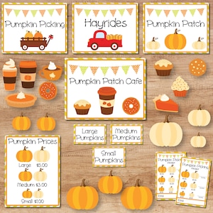 May include: A collection of printable signs and cutouts for a pumpkin patch theme, featuring illustrations of pumpkins, a red truck, a wagon, coffee cups, donuts, and cupcakes, with text including Pumpkin Picking, Hayrides, and Pumpkin Patch Cafe.