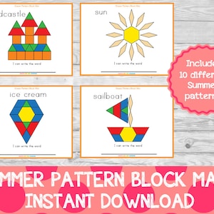 May include: A set of 10 printable pattern block mats featuring summer themes such as a sandcastle, sun, ice cream, and sailboat. Each mat includes a colourful geometric pattern and the words "I can write the word" below the image. The text "Includes 10 different Summer patterns!" is displayed in a pink circle on the right side of the image. The text "SUMMER PATTERN BLOCK MATS INSTANT DOWNLOAD" is displayed in pink letters on a pink and white polka dot background at the bottom of the image.