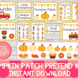 May include: A printable pumpkin patch pretend play kit with signs for a cafe, hayrides, pumpkin picking, and pumpkin prices. The kit includes images of pumpkins, pies, doughnuts, coffee, and other autumn-themed items.