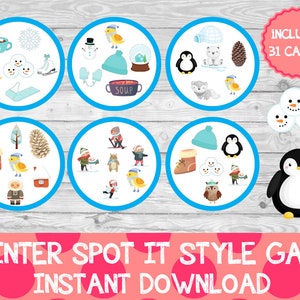 May include: A set of 31 printable winter-themed game cards featuring various winter-related images, such as penguins, snowmen, and winter clothing. The cards are designed for a spot-it style game, where players try to find the one image that is different between two cards. The text "Includes 31 Cards!" is visible on a pink card.