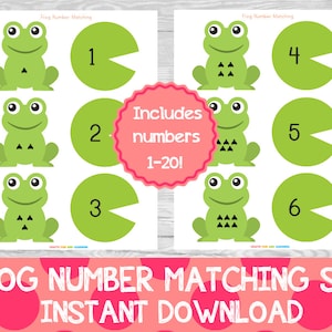 May include: A printable frog number matching set for children. The set includes numbers 1-20. The image shows a green frog with spots and a green circle with the number 1 on it. The text "Includes numbers 1-20!" is in a pink circle.