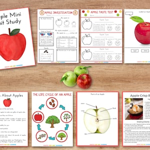 May include: A printable set of educational worksheets for a unit study on apples. The worksheets include activities like labeling parts of an apple, apple taste tests, and a life cycle diagram. There is also a recipe for apple crisp.