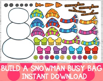 May include: A printable build-a-snowman busy bag activity for kids. The printable includes a snowman body, hats, scarves, mittens, buttons, and a carrot nose.