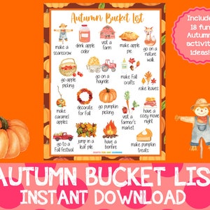 Könnte beinhalten: Eine druckbare Herbst-Bucket-Liste mit 18 lustigen Aktivitäten, die man im Herbst machen kann. Die Liste enthält Aktivitäten wie das Bauen eines Vogelscheuchs, das Trinken von Apfelwein, den Besuch eines Bauernhofs, das Backen von Apfelkuchen, einen Spaziergang in der Natur, das Pflücken von Äpfeln, eine Fahrt mit dem Heuwagen, das Basteln von Herbstdeko, das Rechen von Blättern, das Herstellen von Karamelläpfeln, das Dekorieren für den Herbst, das Pflücken von Kürbissen, den Besuch eines Bauernmarktes, einen gemütlichen Filmabend, den Besuch eines Herbstfestes, das Springen in einen Blätterhaufen, ein Lagerfeuer machen und das Backen von Kürbis-Leckereien.