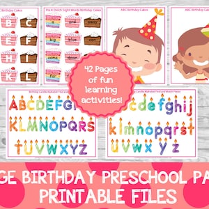 May include: A printable pack of 42 pages of birthday-themed preschool learning activities. The pack includes alphabet activities, sight word activities, and matching games. The activities feature colorful birthday cakes, candles, and characters.
