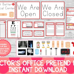 Può includere: Kit di gioco di finzione di studio medico stampabile con cartelli, moduli e strumenti medici. Include "Get Better Medical Center", "We Are Open", "We Are Closed", un foglio di registrazione, un grafico di acuità visiva, moduli di prescrizione, un modulo di informazioni sul paziente e strumenti medici come bende, uno stetoscopio e una borsa per flebo.