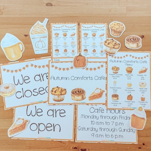 May include: A set of printable signs for a cafe with an autumn theme. The signs include a menu, cafe hours, and open and closed signs. The signs feature images of pumpkins, cinnamon rolls, muffins, and other fall treats.