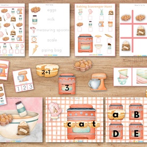 Könnte beinhalten: Ein Satz druckbarer Lernaktivitätsblätter für Kinder mit Backthema. Die Blätter beinhalten eine Such- und Zähl-Aktivität, Wortübereinstimmung, eine Schnitzeljagd, ein Tic-Tac-Toe-Spiel, eine Zahlenübereinstimmungsaktivität und eine Buchstabenübereinstimmungsaktivität. Die Blätter sind mit niedlichen Aquarellzeichnungen von Backzutaten und -werkzeugen illustriert.