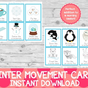 Tarjetas de movimiento de invierno, Tarjetas de acción de invierno, Tarjetas de descanso mental, Cesta de la mañana, Paquete preescolar de invierno, Paquete de aprendizaje de invierno,
