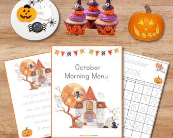 October 2026 Morning Menu Printable | Homeschool Calendar, Weather, Bible Verse (PDF Download)