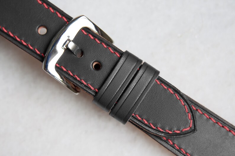 Black leather watch strap with red stitch Handmade black Etsy