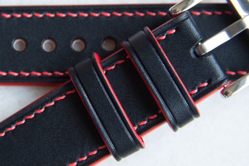 Black Leather Watch Strap With Red Stitch 16mm 17mm 18mm 19mm Etsy