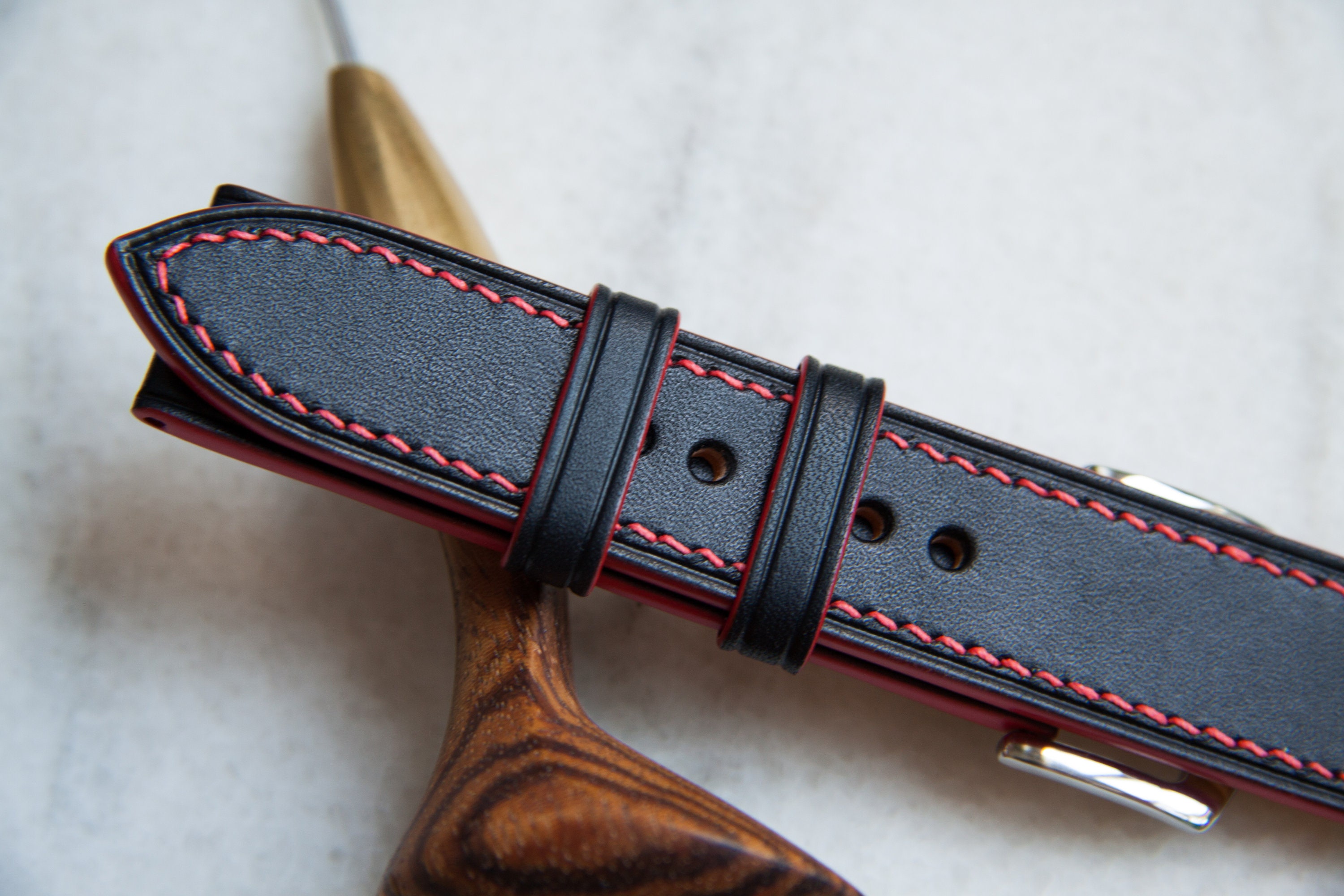 Black leather watch strap with red stitch 16mm 17mm 18mm 19mm Etsy