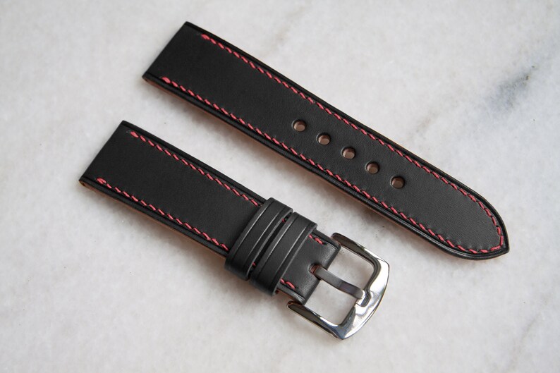 Black leather watch strap with red stitch Handmade black | Etsy