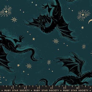 May include: Dark teal fabric featuring a repeating pattern of black dragons with outstretched wings. The design includes gold stars and celestial elements. The text "RUBY STAR SOCIETY" is at the bottom.