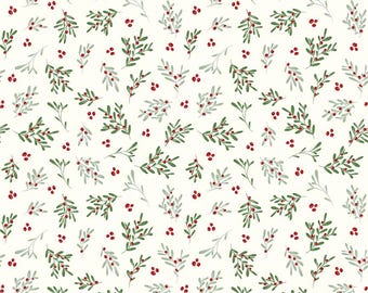 MISTLETOE & HOLLY Mistletoe Cream Christmas Beverly McCullough 100% cotton quilting fabric; Riley Blake Designs