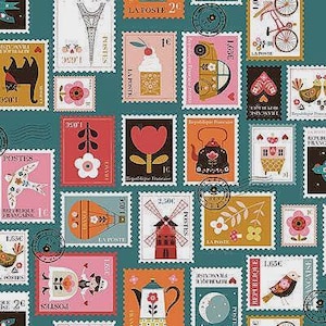 May include: A teal fabric featuring a repeating pattern of colorful postage stamps. The stamps showcase various designs, including a black cat, a tulip, a teapot, a bird, and a windmill. Each stamp has a decorative border and text.