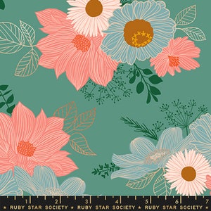 May include: A teal green fabric with a floral pattern featuring pink and blue flowers with gold accents. The fabric has a repeating pattern of flowers and leaves.