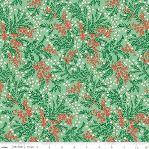 May include: A light green fabric featuring a repeating pattern of dark green fern-like leaves, clusters of small red berries, and thin white string lights. A ruler at the bottom shows a scale of 12 inches for the printed textile design.