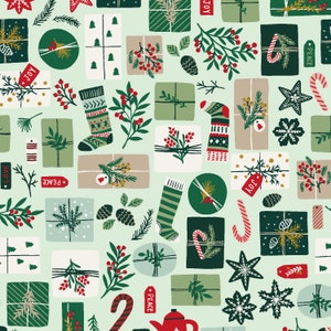 MERRY MEMORIES - Opening Presents - Mint Green Metallic - Christmas -  Christmas Fabric - 100% cotton quilting fabric; RJR Fabrics