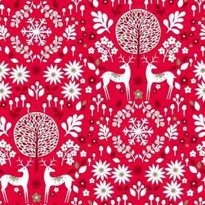 May include: A festive red pattern featuring white deer, trees, snowflakes, and floral elements. The design includes stylized trees with brown and green leaves, white flowers, and decorative snowflakes, creating a holiday or winter theme.