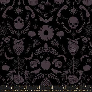 May include: Black and white fabric with a repeating pattern of owls, butterflies, pumpkins, spiderwebs, and other Halloween-themed imagery. The fabric has a subtle texture and a matte finish.