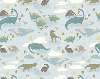 ROAR - Main - Sky - Dinosaurs - Citrus and Mint - 100% cotton quilting fabric yardage - Riley Blake Designs