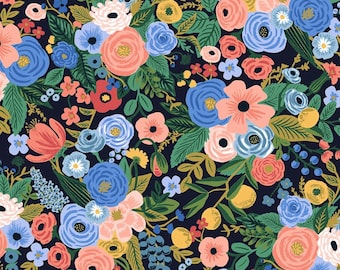 May include: A navy blue background with a floral pattern featuring pink, red, blue, yellow, and green flowers. The pattern is a repeating design of various flowers and leaves.