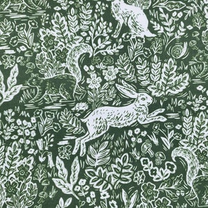 Wildwood Fable Leaf Green; Rifle Paper Co - Cotton Bunny jack rabbit quilting fabric