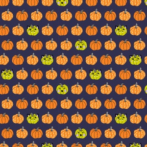 May include: A seamless pattern featuring a repeating design of orange pumpkins with various facial expressions on a dark blue background.