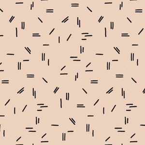 May include: A repeating pattern of black dashes and short lines scattered across a light peach background. The design features a hand-drawn aesthetic, with varying lengths and orientations of the black elements, creating a playful and abstract visual texture.