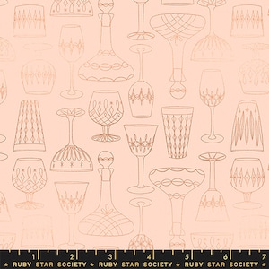 May include: A pink background with a repeating pattern of various styles of glasses and decanters in a copper color.  The pattern is a vintage style.