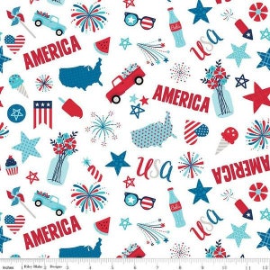 May include: A white background with a repeating pattern of red, white, and blue patriotic themed illustrations. The illustrations include stars, fireworks, ice cream cones, watermelon slices, sunglasses, a bottle of cola, a red pickup truck, a mason jar with flowers, and the words "America" and "USA".