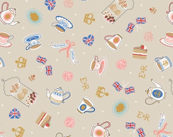 JUBILEE - Tea Time - Tea Gold Metallic - Lewis and Irene - Jubilee Celebration - Queen Elizabeth 70 Years - Cotton quilting Fabric