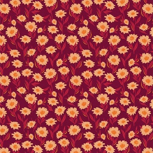 May include: A repeating pattern of stylized flowers in shades of peach and orange against a deep burgundy background. The floral design features detailed petals and stems, creating a dense, all-over print suitable for fabric or wallpaper.