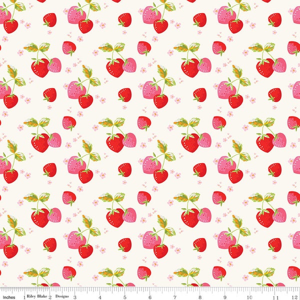 PICNIC FLORALS Strawberries Cream My Minds Eye - 100% cotton quilting fabric yardage - Riley Blake Designs