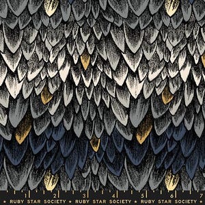 May include: A fabric with a repeating pattern of stylized feather shapes in shades of black, gray, and cream, with accents of gold. The design has a textured, hand-drawn appearance, creating a visually rich and detailed surface.