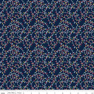 May include: A seamless pattern of white string lights with colorful bulbs on a dark blue background. The lights are arranged in a random, swirling pattern, creating a festive and cheerful design.