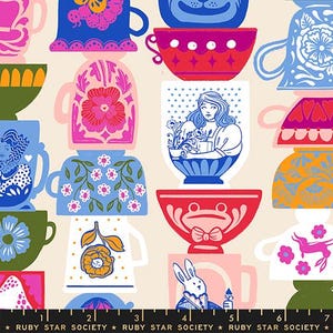 May include: A colorful fabric pattern featuring stacked teacups and bowls in various designs. The cups showcase floral patterns, animal illustrations, and portraits, with a cream-colored background. The text "RUBY STAR SOCIETY" is at the bottom.
