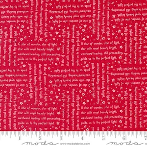 May include: Red fabric with a white star pattern and repeating text that reads "O star of wonder, star of light, star with royal beauty bright, westward leading, still proceeding, guide us to thy perfect light."