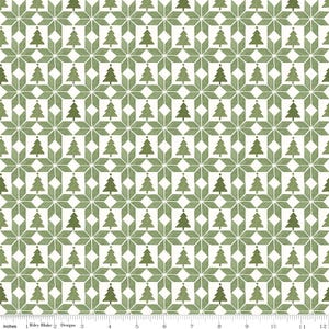 May include: A repeating pattern of green Christmas trees and star-like shapes on a white background. The design is a festive, holiday-themed fabric, perfect for seasonal crafts and decorations. The fabric is 12 inches wide.