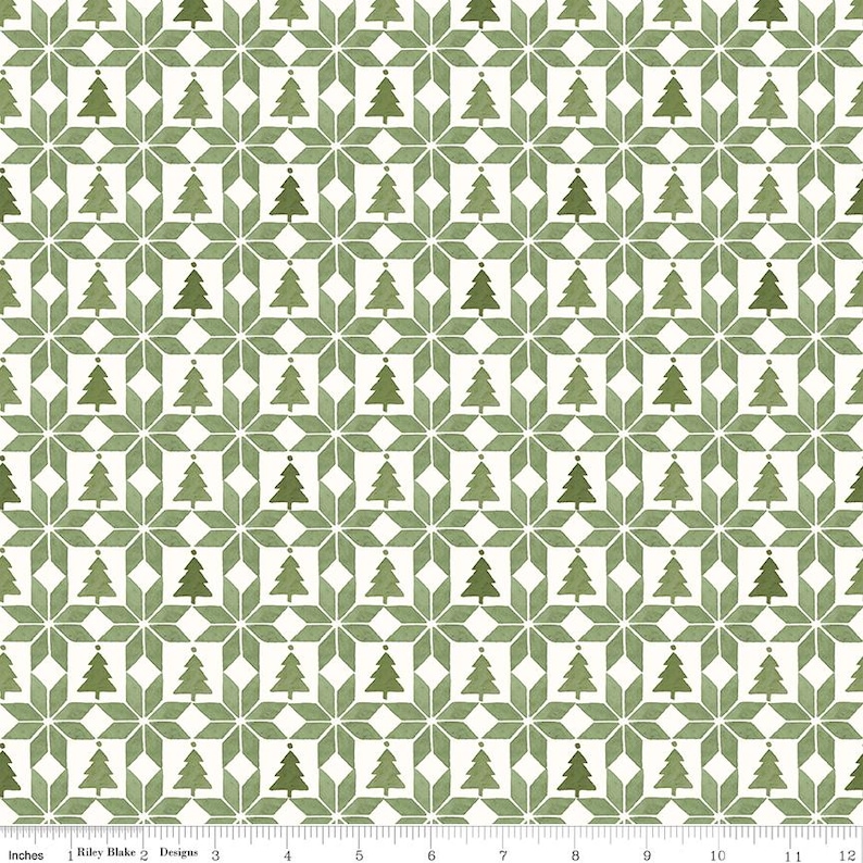 May include: A repeating pattern of green Christmas trees and star-like shapes on a white background. The design is a festive, holiday-themed fabric, perfect for seasonal crafts and decorations. The fabric is 30.48 cm wide.