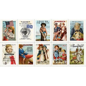 May include: A sheet of vintage postage stamps featuring patriotic and historical imagery. The stamps depict children, historical figures, and advertisements. The color palette includes red, white, blue, and sepia tones. Text includes "I Want You For The Navy" and "America".